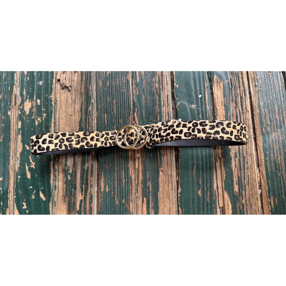 Leopard Print Faux Calf Hair Belt Gold Double O-Ring Buckle Skinny Animal Print